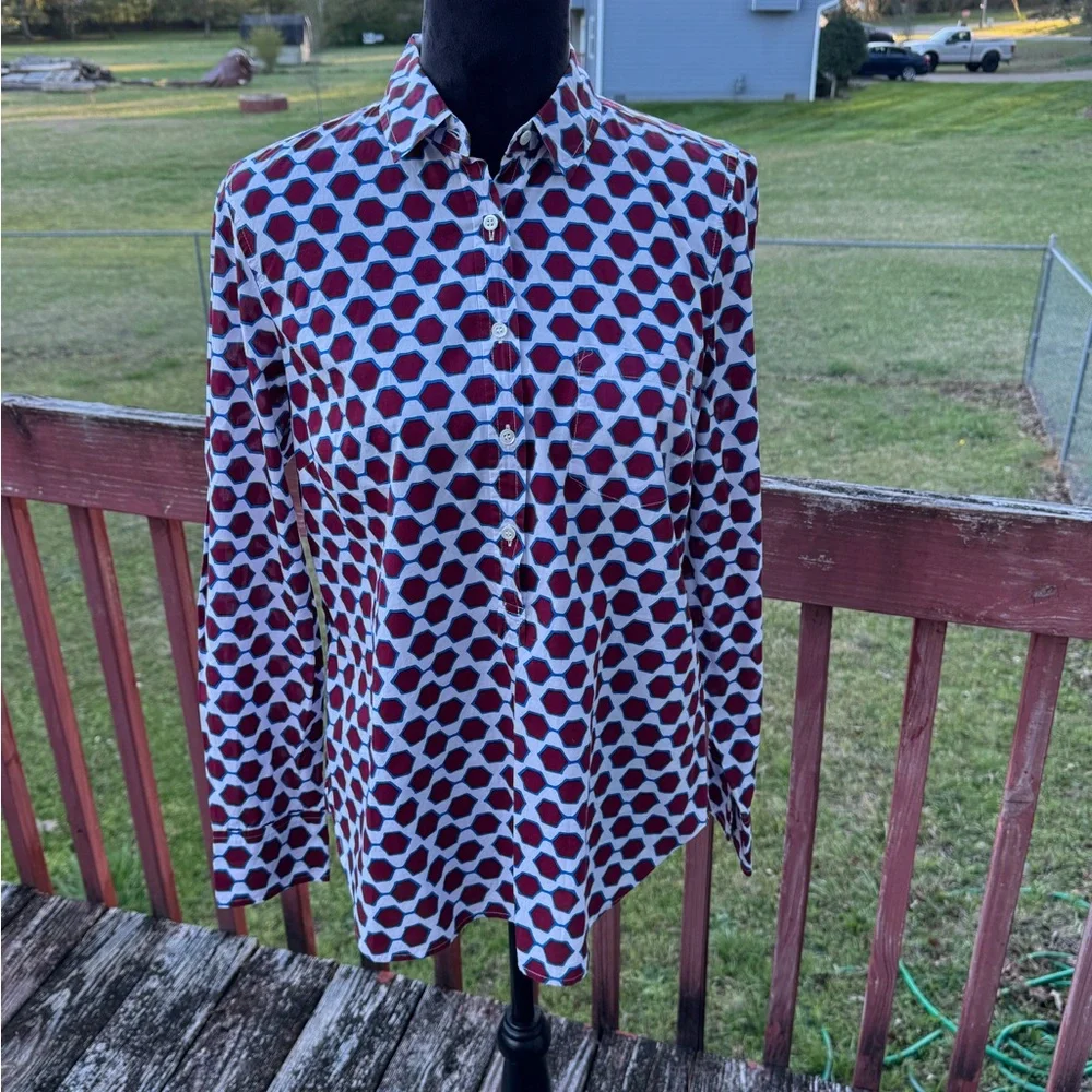 J.Crew Women’s Cotton Shirt Maroon White Navy‎ Long Sleeve Pull Over Half Button